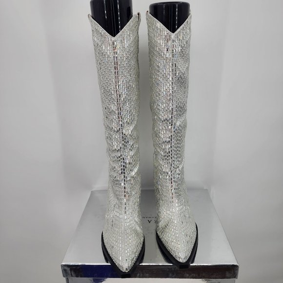 AZALEA WANG Driven Silver Sequin Mirror Tall Western Cowboy Boots 6-10 NWT - Picture 6 of 17